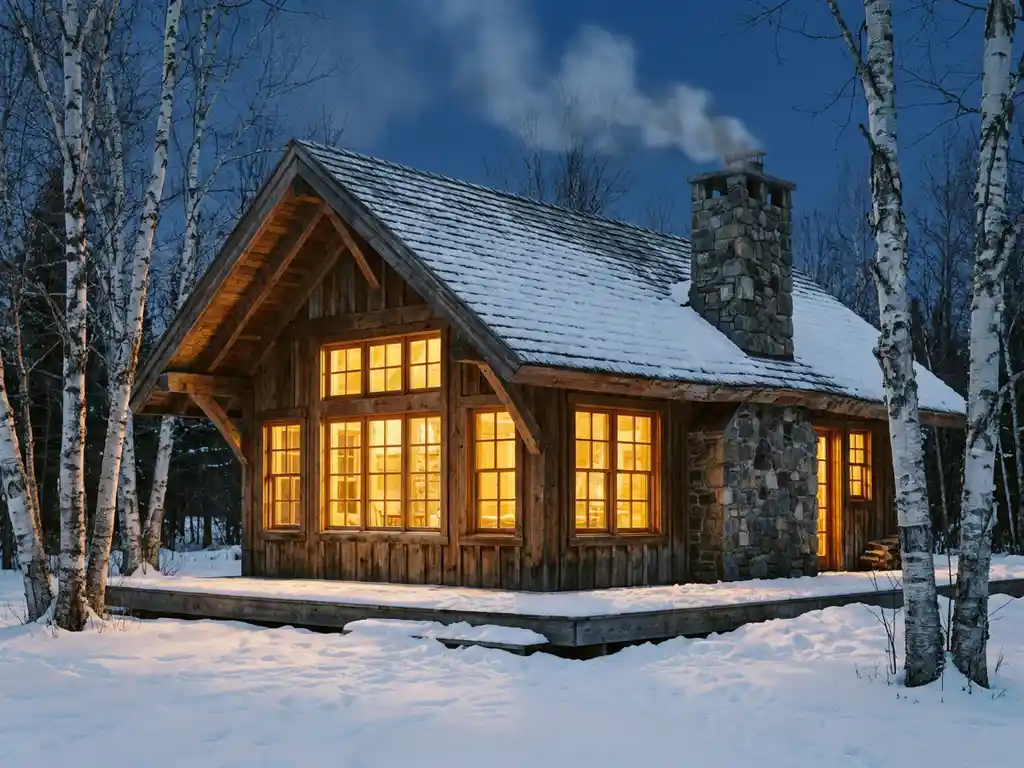 Knus houten campinghuisje in de winter met warm ambergloed door grote ramen, verse sneeuw, stenen schoorsteen en kale berkenbomen.