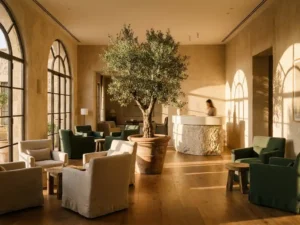 Zonnige hotellobby met gebogen stenen receptiebalie, olijfboom als middelpunt en pluche linnen fauteuils bij hoge boogvensters.