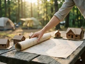Architect rolt kampeerterrein plattegrond uit op houten tafel met schaalmodellen van cabines, groen kampeerterrein op achtergrond.