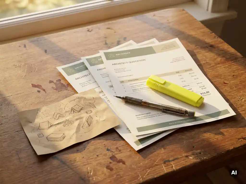 Drie architect-offertes uitgespreid op een verweerd eiken bureau, met een handgetekende kampeerplattegrond, potlood en markeerstift.