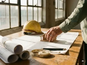 Verweerde hand van een architect die een houten schaalmodel van een kampeerlodge op een siteplattegrond plaatst, gele bouwhelm en meetlint op eikenhouten tafel.