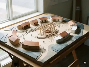 Architectuurmaquette met centraal paviljoen, organische paden en menselijke figuren in hout en pleisterwerk, gefotografeerd vanuit vogelperspectief.