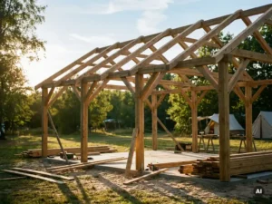 Houten skeletstructuur van een campinggebouw in aanbouw op een groen kampeerterrein, betonnen fundering zichtbaar.