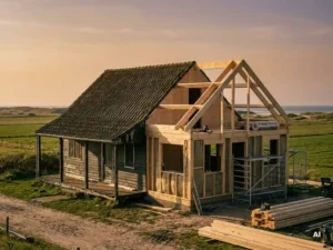 Kampeerhuisje aan de Nederlandse kust half gerenoveerd, met verweerde houten gevelbekleding naast moderne constructiematerialen in gouden avondlicht.
