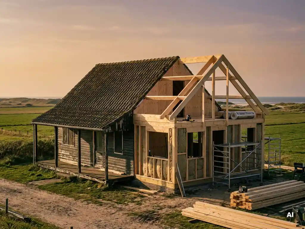 Kampeerhuisje aan de Nederlandse kust half gerenoveerd, met verweerde houten gevelbekleding naast moderne constructiematerialen in gouden avondlicht.