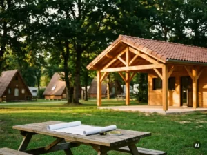 Nieuw houten receptiegebouw met terracotta dakpannen op een groene camping, omgeven door bomen en chalets in warm middaglicht.