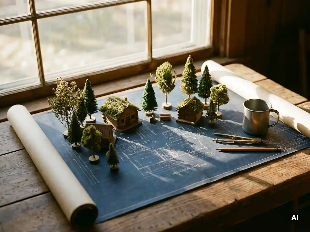 Architectuurplattegrond van een kampeerterrein uitgerold op houten tafel, met miniatuur huisjes, boomfiguren, passer en potlood.
