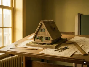 Schaalmodel van een Nederlandse recreatiewoning op eiken tekentafel, omringd door kostenbegrotingen, passer en houten liniaal.