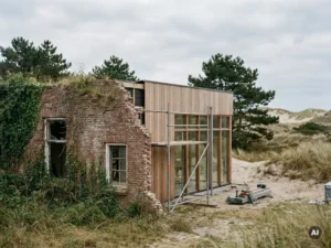 Verouderd bakstenen recreatiecentrum in renovatie, met verweerde gevel die overgaat in moderne houten bekleding en grote ramen, omgeven door Nederlands kustlandschap.