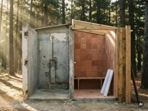 Campingdoucheblok half gerenoveerd met ruw beton en blootliggende leidingen naast nieuw terracotta tegelwerk, blauwdruk tegen deurpost.