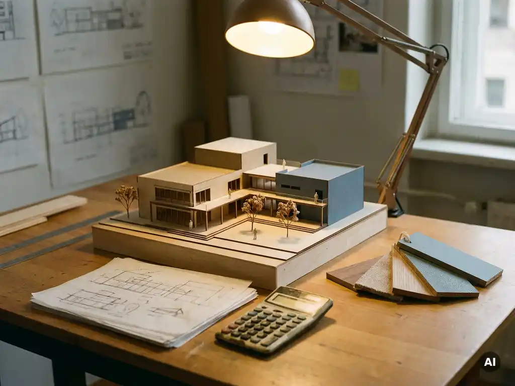 Architectuurmaquette van een gemeenschapsgebouw op tekentafel met potloodschetsen, materiaalstalen en rekenmachine.