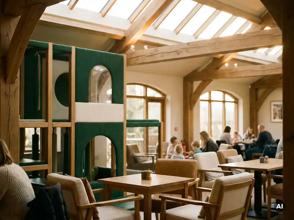 Kinderen spelen in een zachtspeelstructuur die naadloos overgaat in een gezellig café met houten elementen en groene accenten.