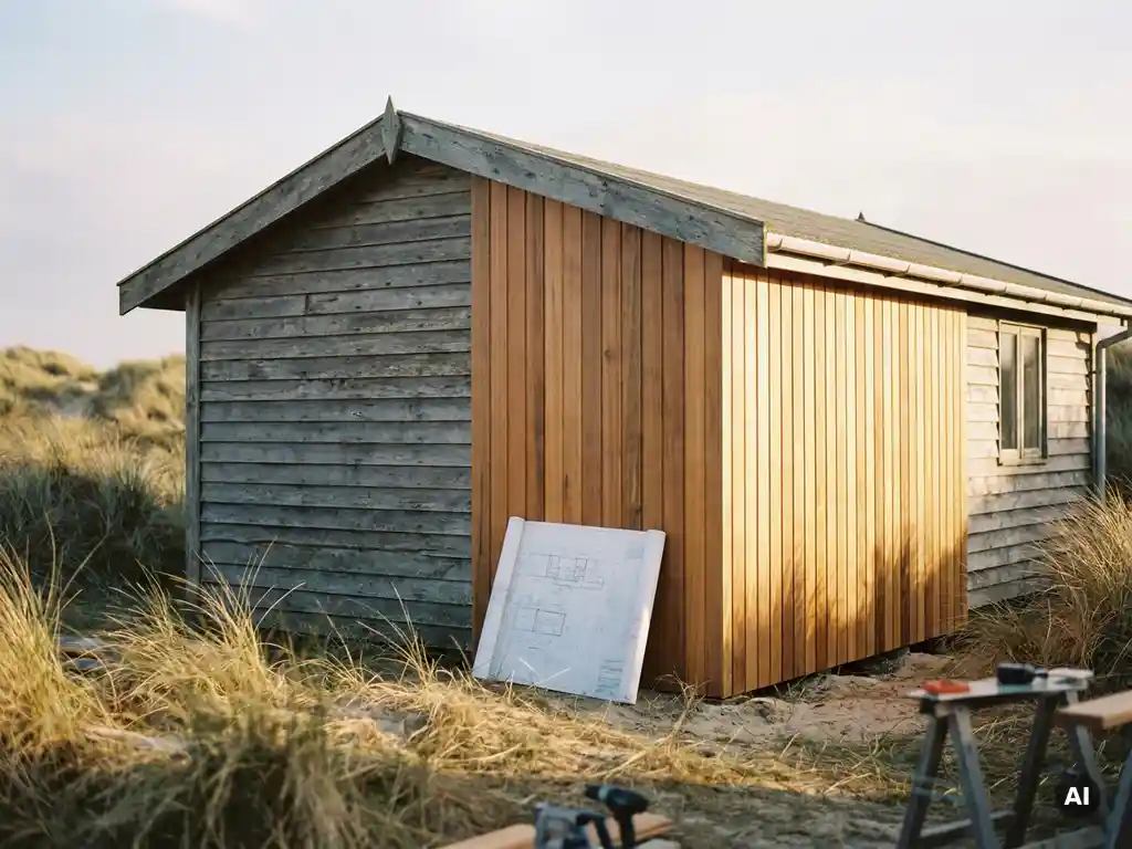 Verweerde houten vakantiewoning halverwege renovatie, met moderne gevelbekleding langs zandduinen en kustgras.