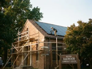 Vakman installeert zonnepanelen op het pannendak van een historisch bakstenen gemeenschapscentrum, omgeven door steigers en volwassen bomen.